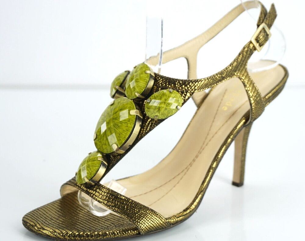 Kate Spade Lydia Green Metallic Strappy Jem T Strap Sandals Size 5.5 Ankle $298